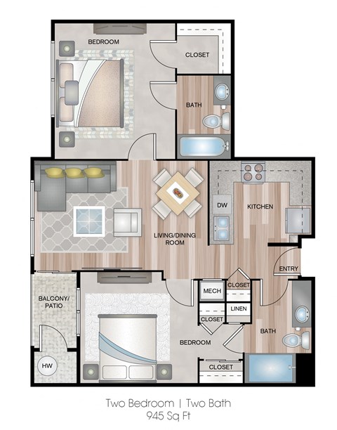 Floor plan for 2 beds, 2 baths, 945 sqft